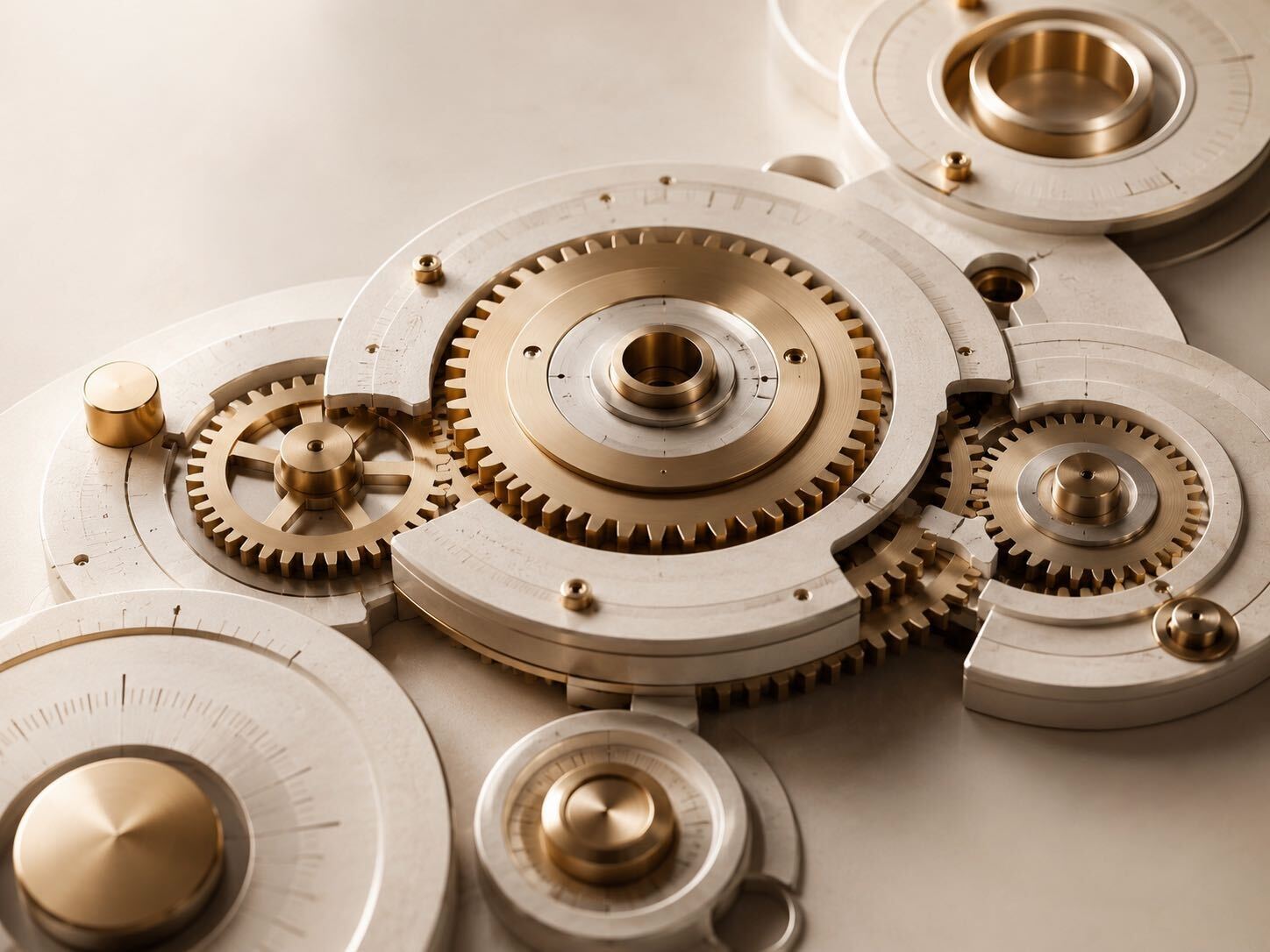 Brass precision gears in macro close-up, evoking Swiss watchmaking